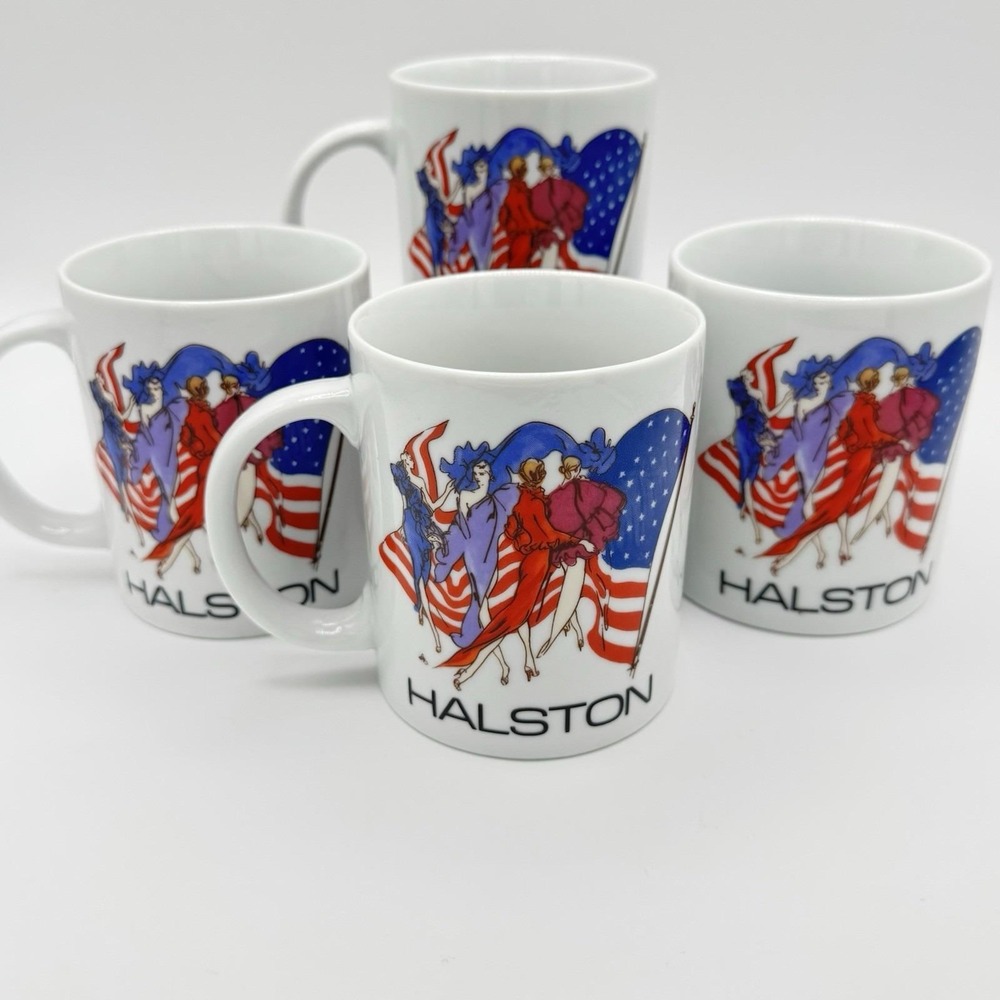 Vintage Halston Patriotic Fashion Art Coffee‎ Mugs Set of 4 Designer Logo NEW
